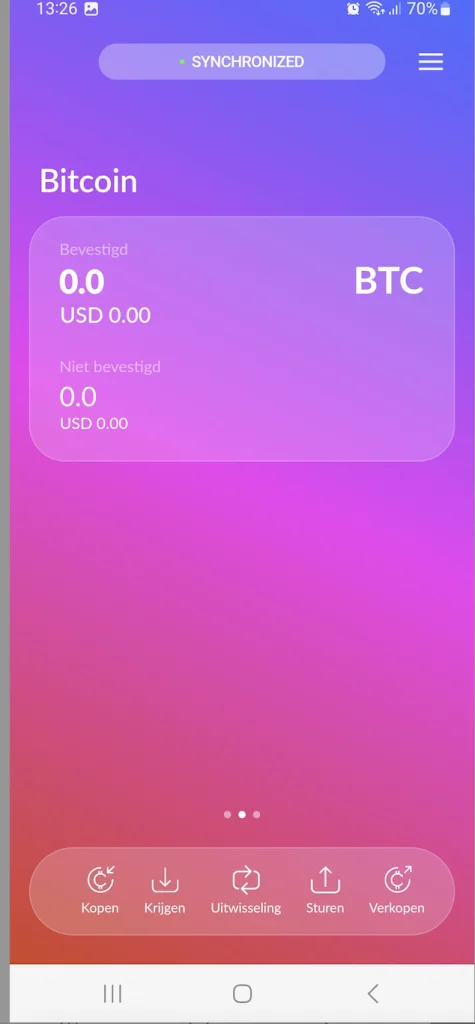 Het beginscherm van Cake Wallet met het Bitcoin-saldo en onderaan de knoppen Kopen, Krijgen, Uitwisseling, Sturen en Verkopen.